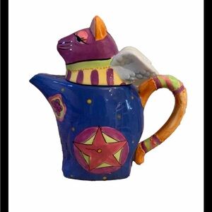 Cat Animal Wings Tea Pot Folk Art Purple Green Yellow Multicolor Decorative EC